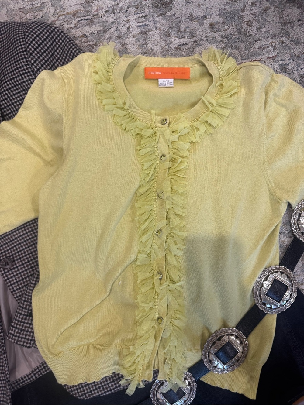 Y2K Cynthia Steffe Chartreuse knit Ruffle Cardigan with crystal buttons Size M